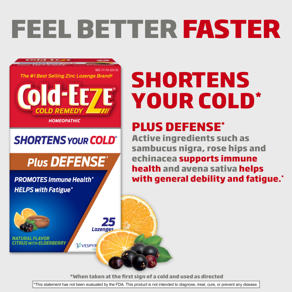 slide 12 of 25, Cold-EEZE Plus Defense Natural Citrus with Elderberry Zinc Lozenges, Homeopathic Cold Remedy, Shortens Common Cold Symptoms, Promotes Immune Health with Sambucus Nigra, Echinacea and Rose Hips, 25 ct