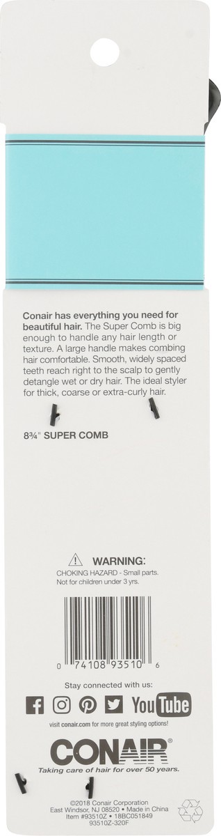 slide 6 of 10, Conair Hard Rubber Super Comb, 1 ct