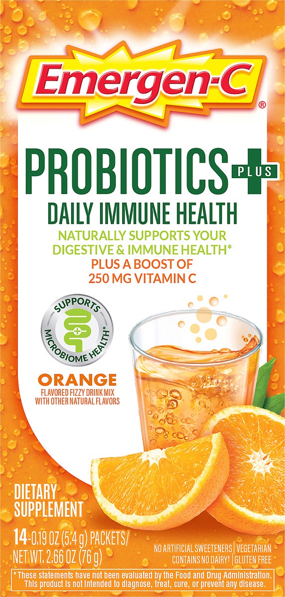 slide 3 of 12, Emergen-C Probiotics+ Packets Fizzy Drink Mix Orange Daily Immune Health 14 ea, 14 ct