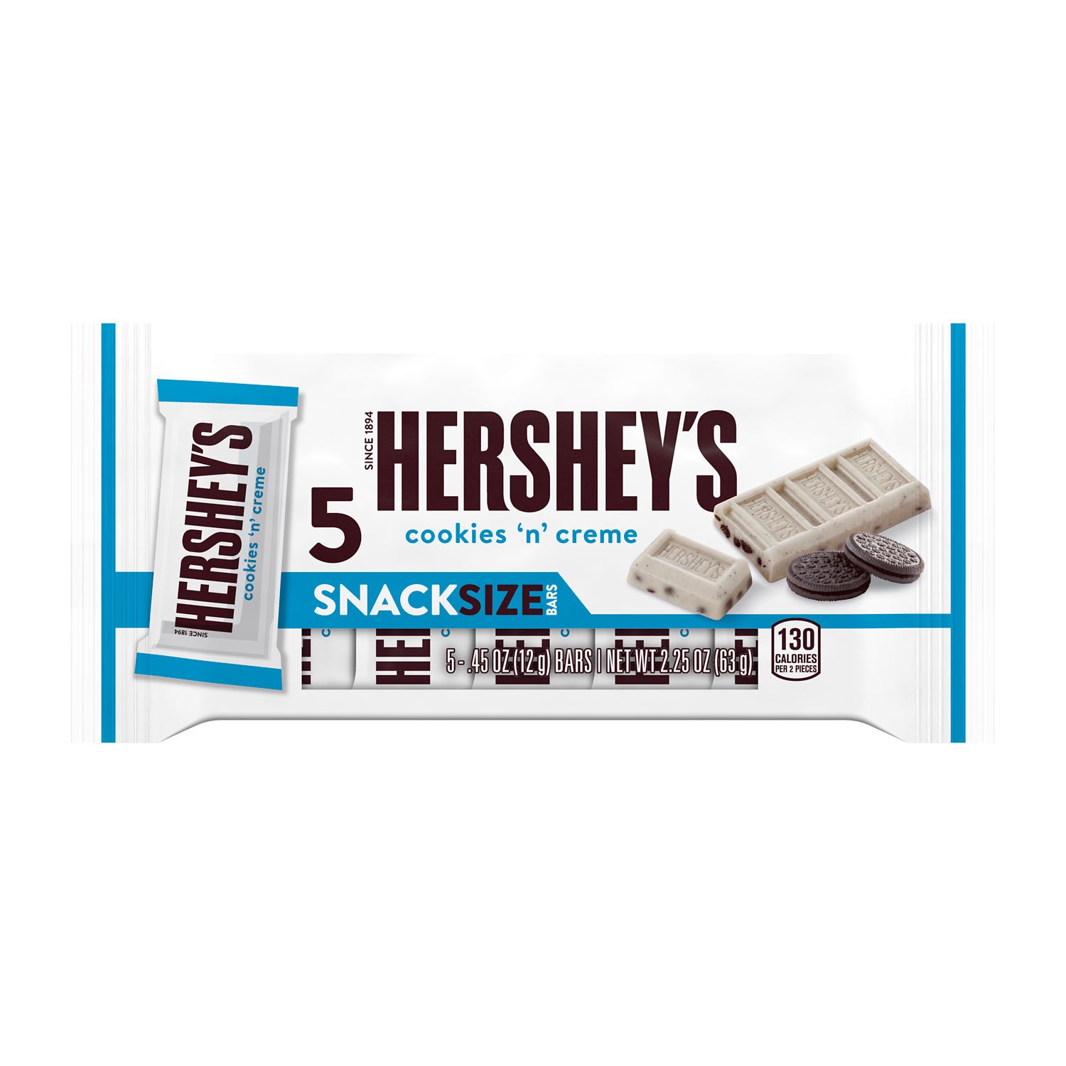 slide 1 of 8, Hershey's Cookies 'n' Creme Snack Size, Candy Bars, 0.45 oz (5 Count), 0.45 oz