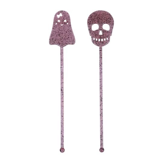 slide 1 of 3, 8" Pink Glitter Skull & Ghost Drink Stirrers, 12ct. By Makery, 12 ct