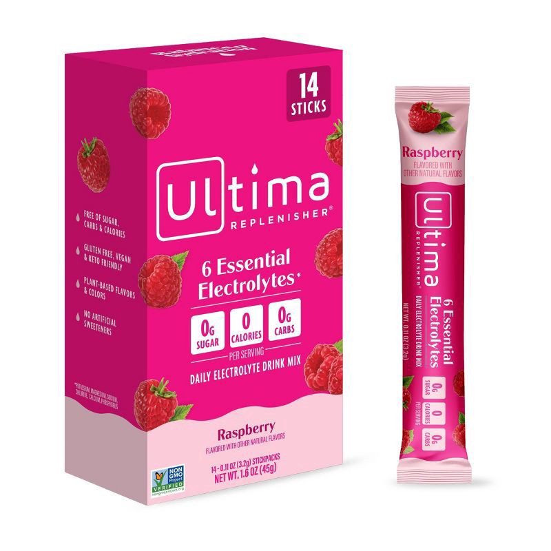 slide 1 of 8, Ultima Replenisher Daily Hydration Electrolyte Stick Packs - Raspberry - 1.6oz/14ct, 2.3 oz