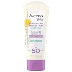 Aveeno Continuous Protection Zinc Oxide Mineral Sunscreen Lotion for Sensitive Skin, Broad Spectrum SPF 50, Tear-Free, Sweat- & Water-Resistant, Paraben-Free, Travel-Size, 3 fl. oz