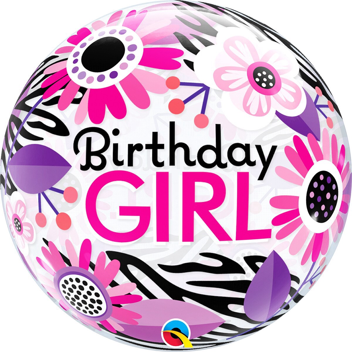 slide 1 of 5, Bday Girl Floral Zebra Stripes Bubble Balloon, 1 ct