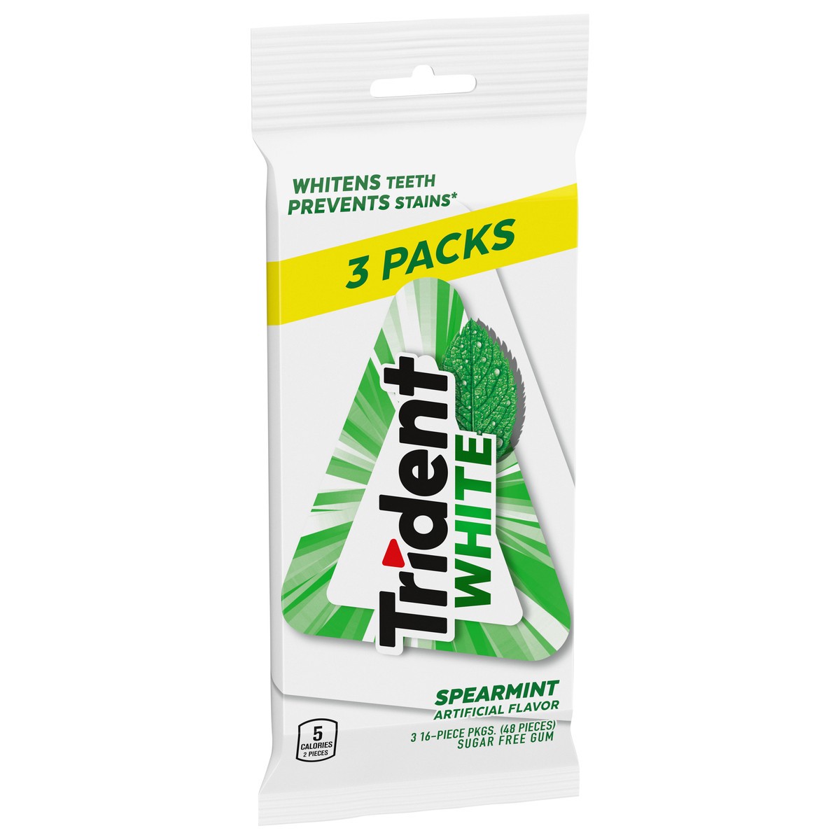 slide 2 of 9, Trident White Spearmint Sugar Free Gum,  3 Packs (48 Total Pieces), 2.39 oz