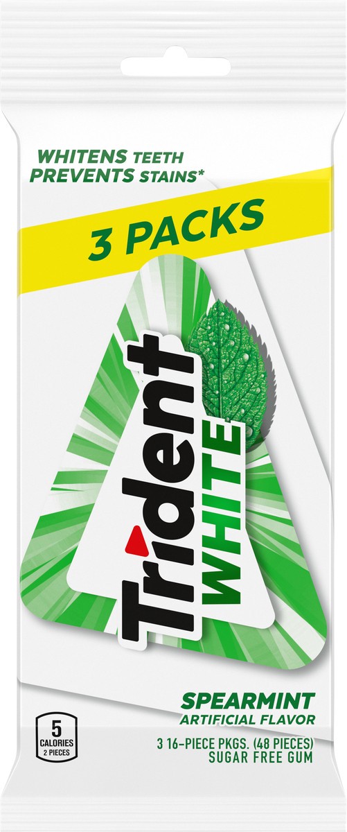 slide 6 of 9, Trident White Spearmint Sugar Free Gum,  3 Packs (48 Total Pieces), 2.39 oz