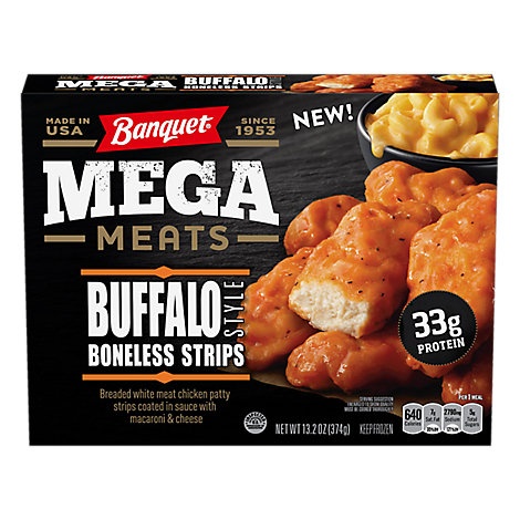 slide 1 of 1, Banquet Mega Meats Buffalo-Style Chicken Strips With Mac& Cheese, 13.2 oz