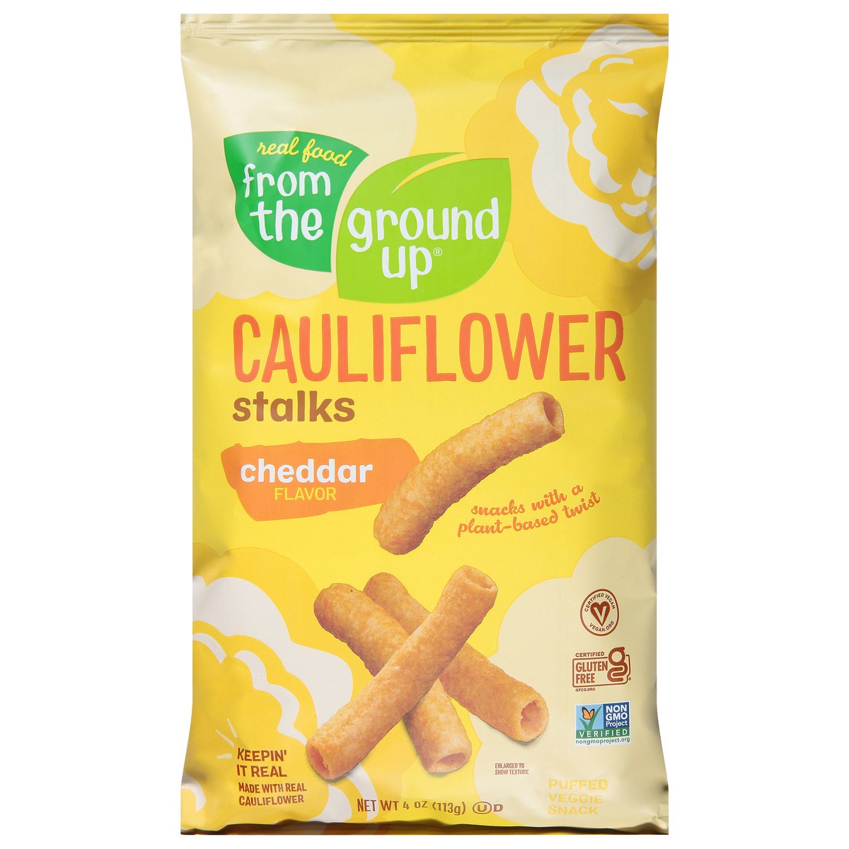 slide 1 of 13, Real Food From the Ground Up Cheddar Flavor Cauliflower Stalks 4 oz, 4 oz