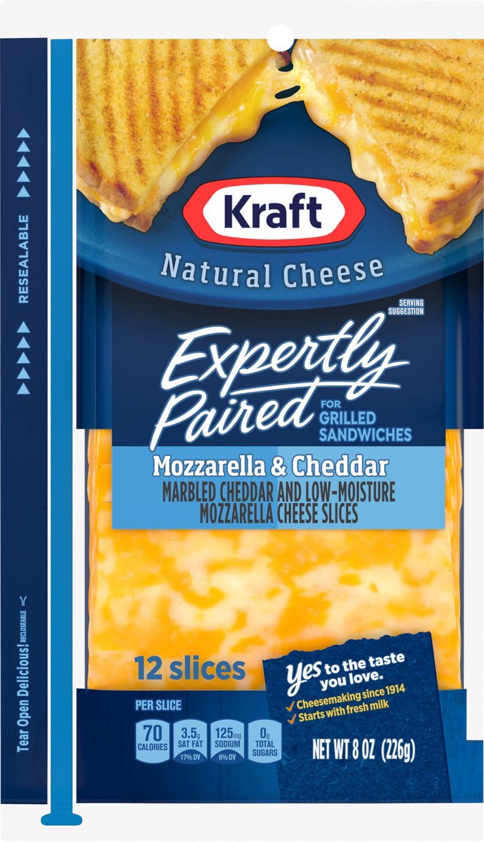 slide 13 of 13, Kraft Expertly Paired Mozzarella & Cheddar Cheese Slices for Grilled Cheese Sandwiches, 12 ct Pack, 12 ct