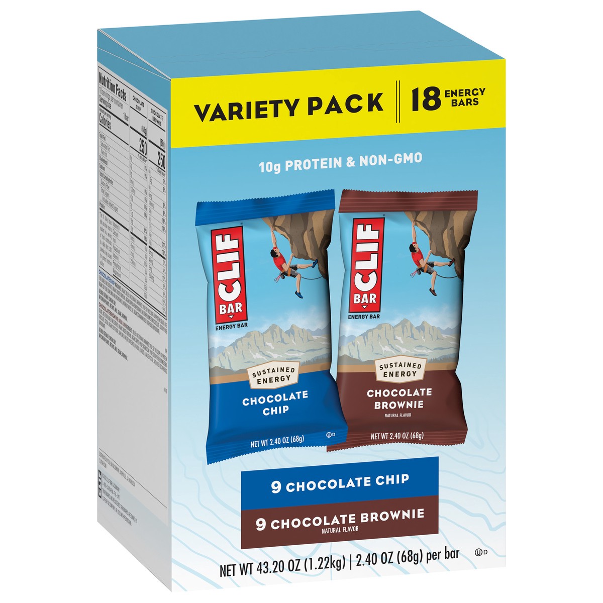 slide 2 of 9, CLIF BAR - Chocolate Chip and Chocolate Brownie - Variety Pack - Made with Organic Oats - 10g Protein - Non-GMO - Plant Based - Energy Bars - 2.4 oz. (18 Count), 43.20 oz