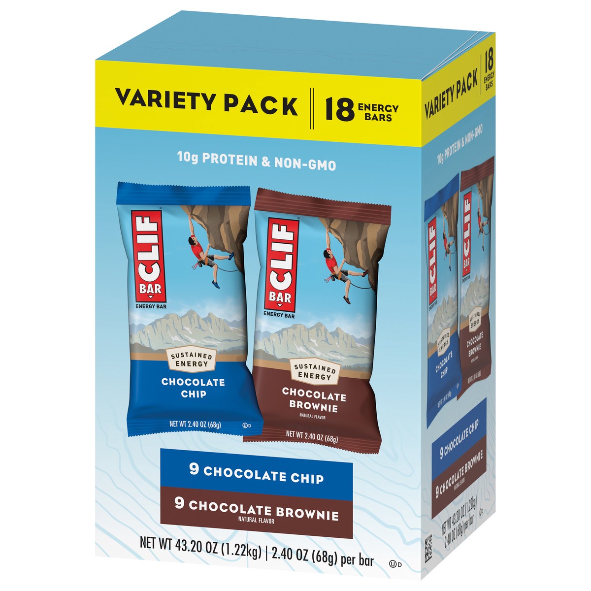 slide 3 of 9, CLIF BAR - Chocolate Chip and Chocolate Brownie - Variety Pack - Made with Organic Oats - 10g Protein - Non-GMO - Plant Based - Energy Bars - 2.4 oz. (18 Count), 43.20 oz