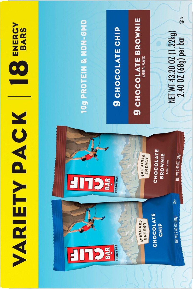 slide 5 of 9, CLIF BAR - Chocolate Chip and Chocolate Brownie - Variety Pack - Made with Organic Oats - 10g Protein - Non-GMO - Plant Based - Energy Bars - 2.4 oz. (18 Count), 43.20 oz