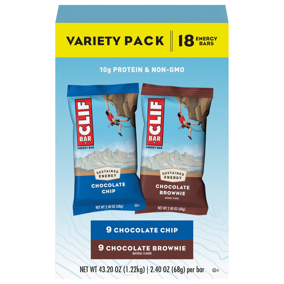 slide 1 of 9, CLIF BAR - Chocolate Chip and Chocolate Brownie - Variety Pack - Made with Organic Oats - 10g Protein - Non-GMO - Plant Based - Energy Bars - 2.4 oz. (18 Count), 43.20 oz