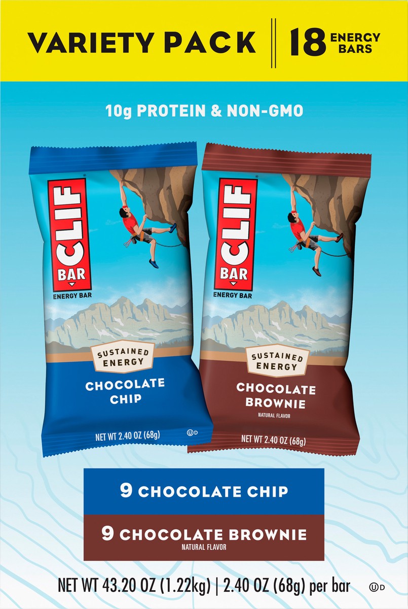 slide 6 of 9, CLIF BAR - Chocolate Chip and Chocolate Brownie - Variety Pack - Made with Organic Oats - 10g Protein - Non-GMO - Plant Based - Energy Bars - 2.4 oz. (18 Count), 43.20 oz