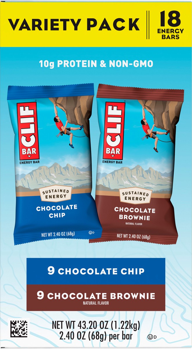 slide 8 of 9, CLIF BAR - Chocolate Chip and Chocolate Brownie - Variety Pack - Made with Organic Oats - 10g Protein - Non-GMO - Plant Based - Energy Bars - 2.4 oz. (18 Count), 43.20 oz