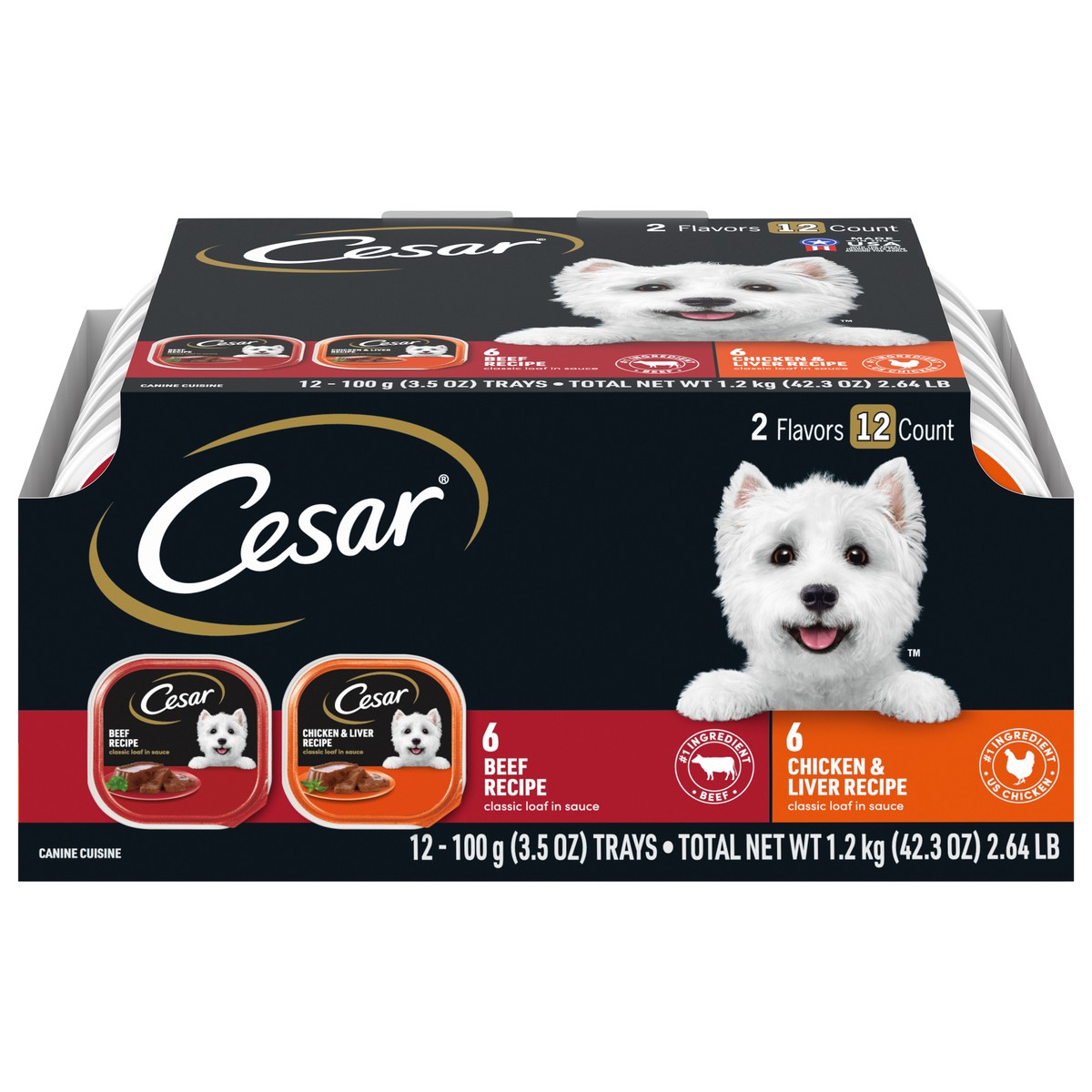 slide 1 of 11, Cesar Classics Beef Chicken Liver in Meaty Juices Dog Food Variety Pack, 3.5 oz