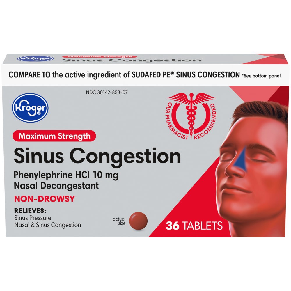 slide 2 of 2, Kroger Non-Drowsy Maximum Strength Sinus Congestion Tablets 10Mg, 36 ct