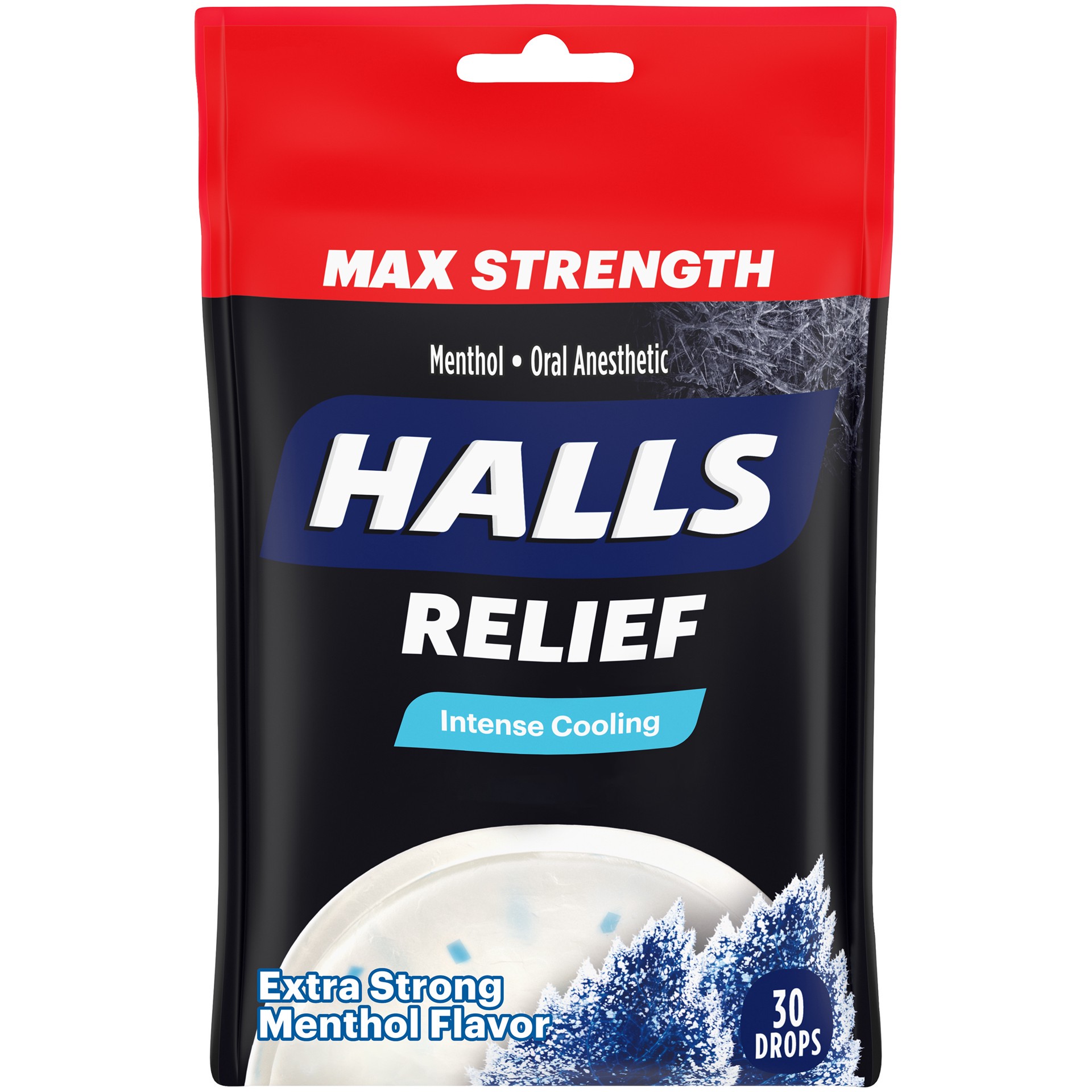 slide 1 of 9, HALLS Relief Max Strength Extra Strong Menthol Throat Drops, 30 Drops, 0.20 lb