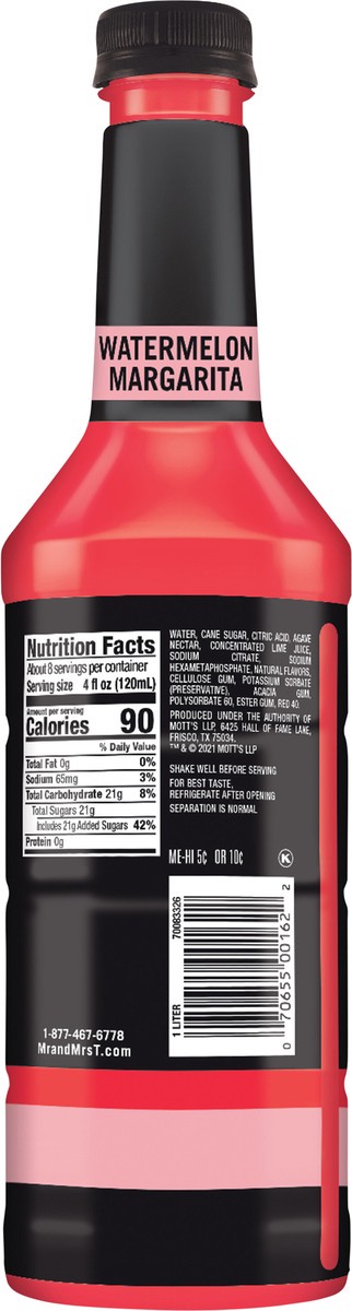 slide 2 of 7, Mr & Mrs T Watermelon Margarita Mix, 1 L Bottle, 33.80 fl oz
