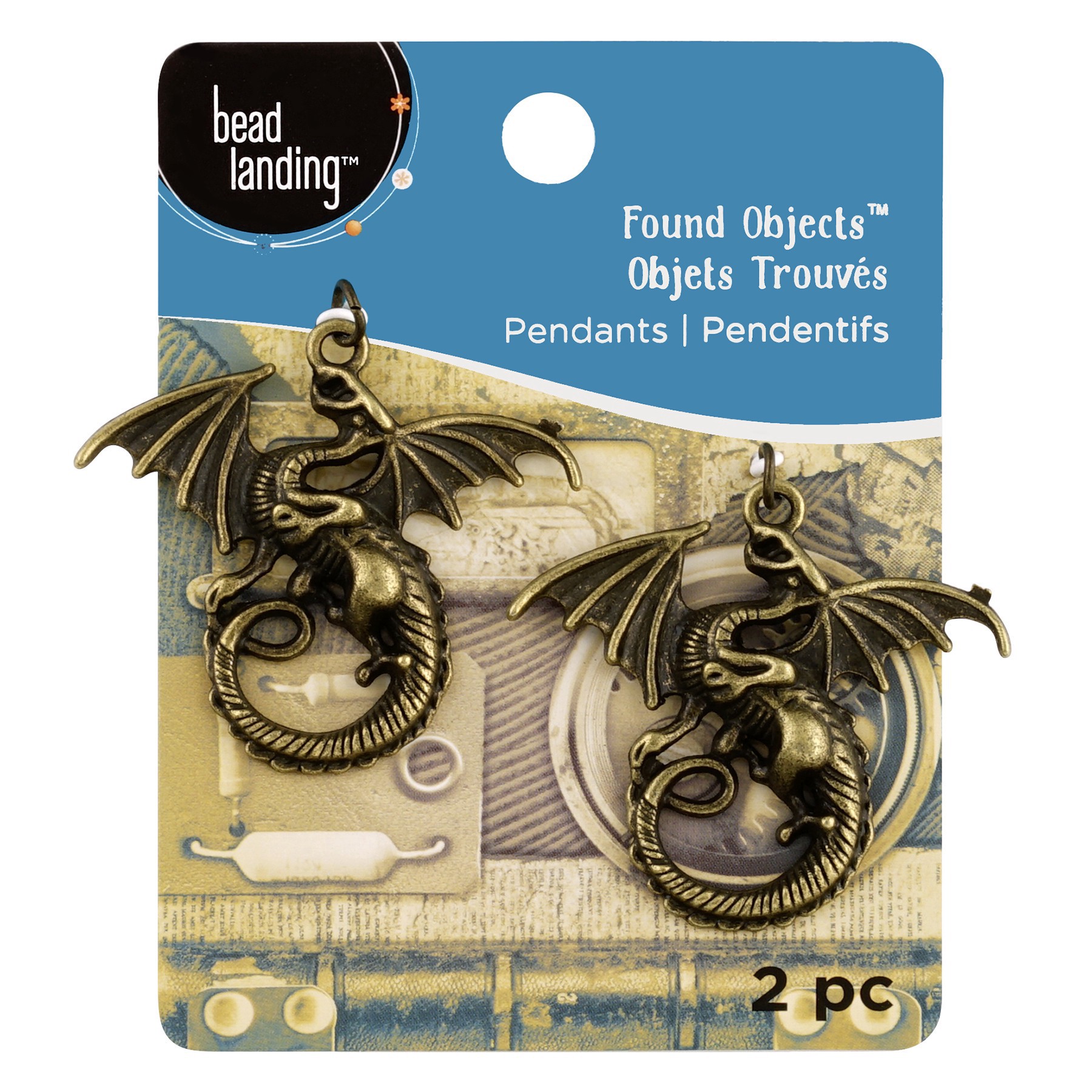 slide 3 of 3, Found Objects Oxidized Brass Dragon Pendants By Bead Landing, 1.77 in x 1.69 in x 0.19 in