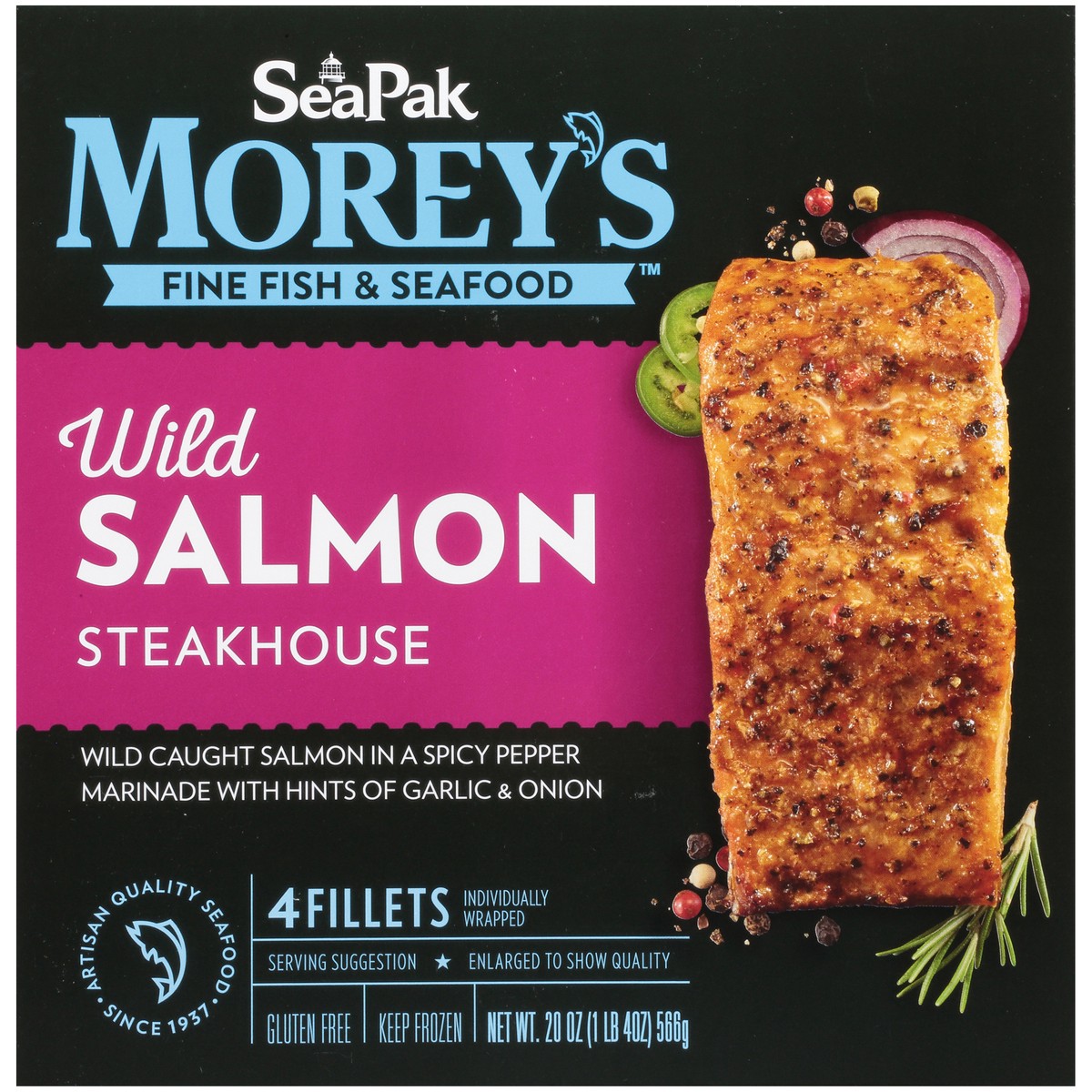 slide 1 of 14, SeaPak Morey's Fine Fish & Seafood Steakhouse Wild Salmon Fillets 4 ct Box, 20 oz