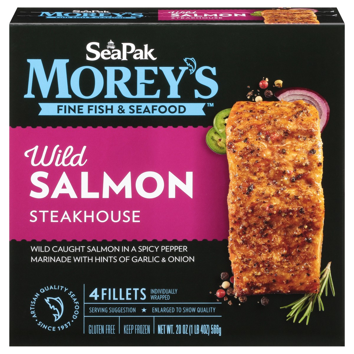 slide 9 of 14, SeaPak Morey's Fine Fish & Seafood Steakhouse Wild Salmon Fillets 4 ct Box, 20 oz