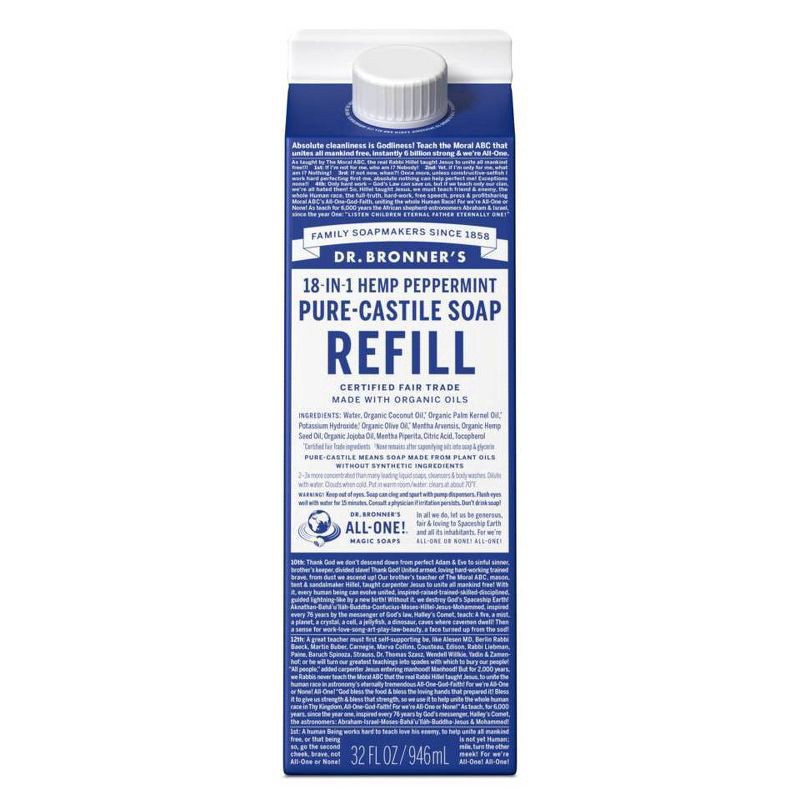 slide 1 of 13, Dr. Bronner's 18-in-1 Hemp Peppermint Pure-Castile Refill Soap 32 fl oz, 32 fl oz