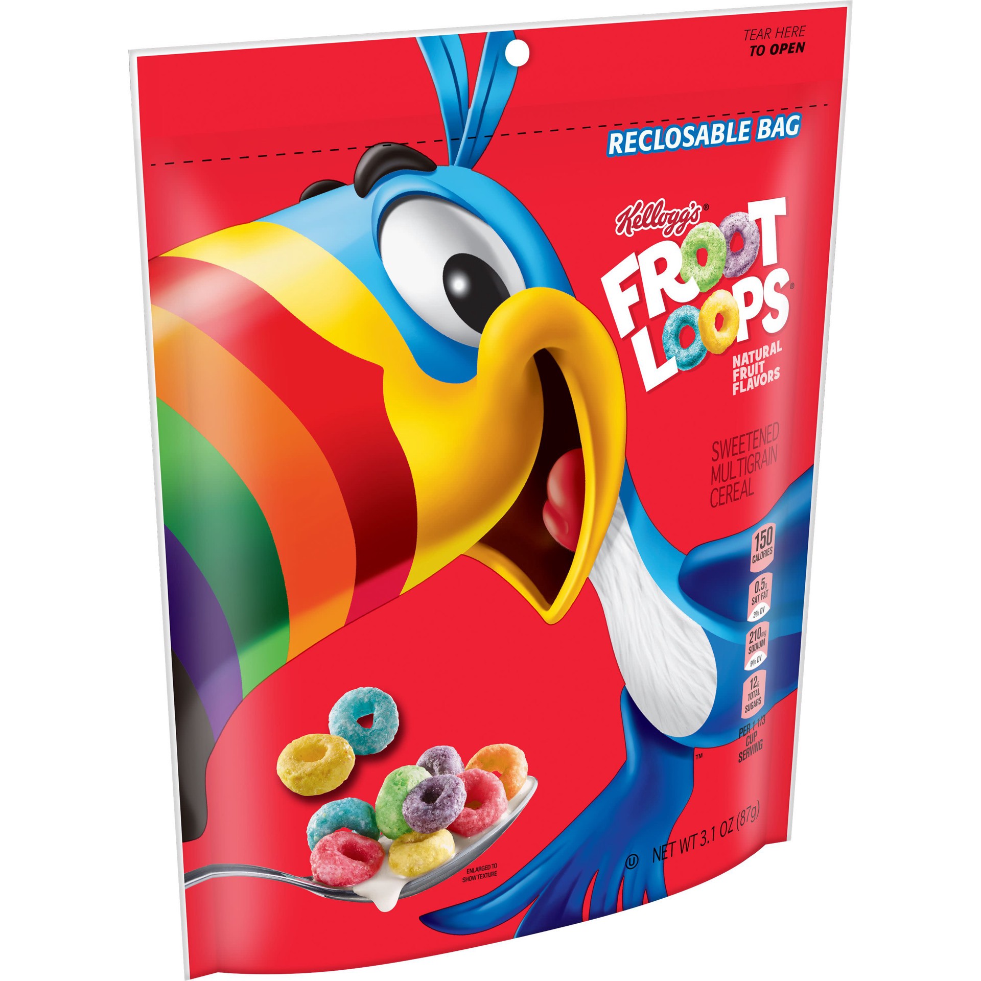 slide 1 of 6, Froot Loops Kellogg's Froot Loops Breakfast Cereal, Fruit Flavored, Breakfast Snacks with Vitamin C, Original, 3.1oz Pouch, 1 Pouch, 3.1 oz