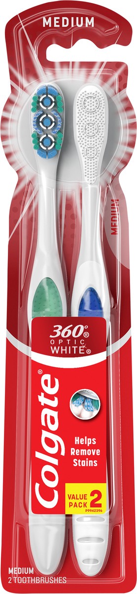 slide 3 of 7, Colgate 360° Optic White Whitening Toothbrush, Medium - 2 Count, 2 ct