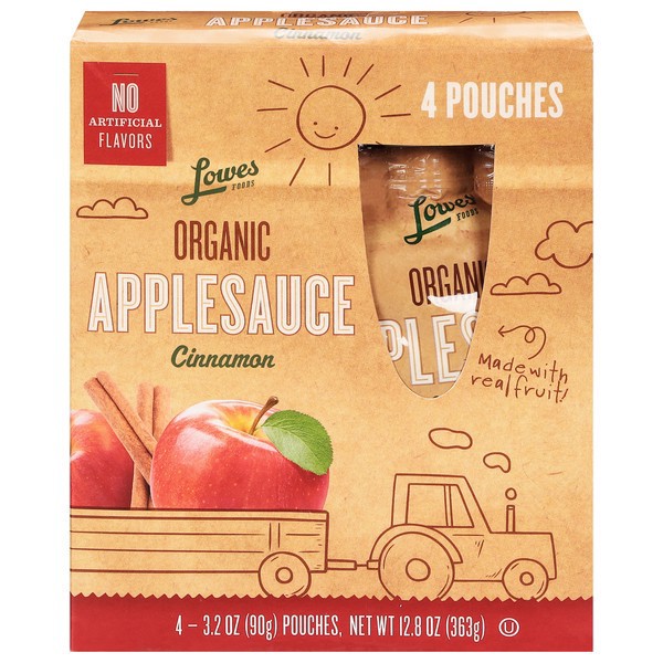 slide 1 of 1, Lowes Foods Cinnamon Organic Applesauce Pouches 4 Pack, 12.8 oz