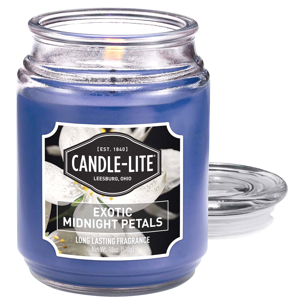 slide 1 of 1, Candle-Lite Exotic Midnight Petals Glass Jar Candle - Dark Blue, 18 oz