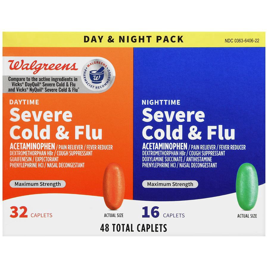 slide 4 of 5, Walgreens Severe Cold & Flu Day & Night Combo Caplets, 48 ct