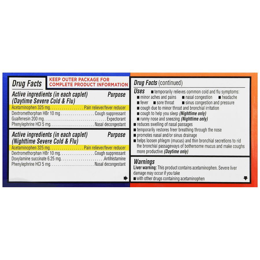 slide 5 of 5, Walgreens Severe Cold & Flu Day & Night Combo Caplets, 48 ct