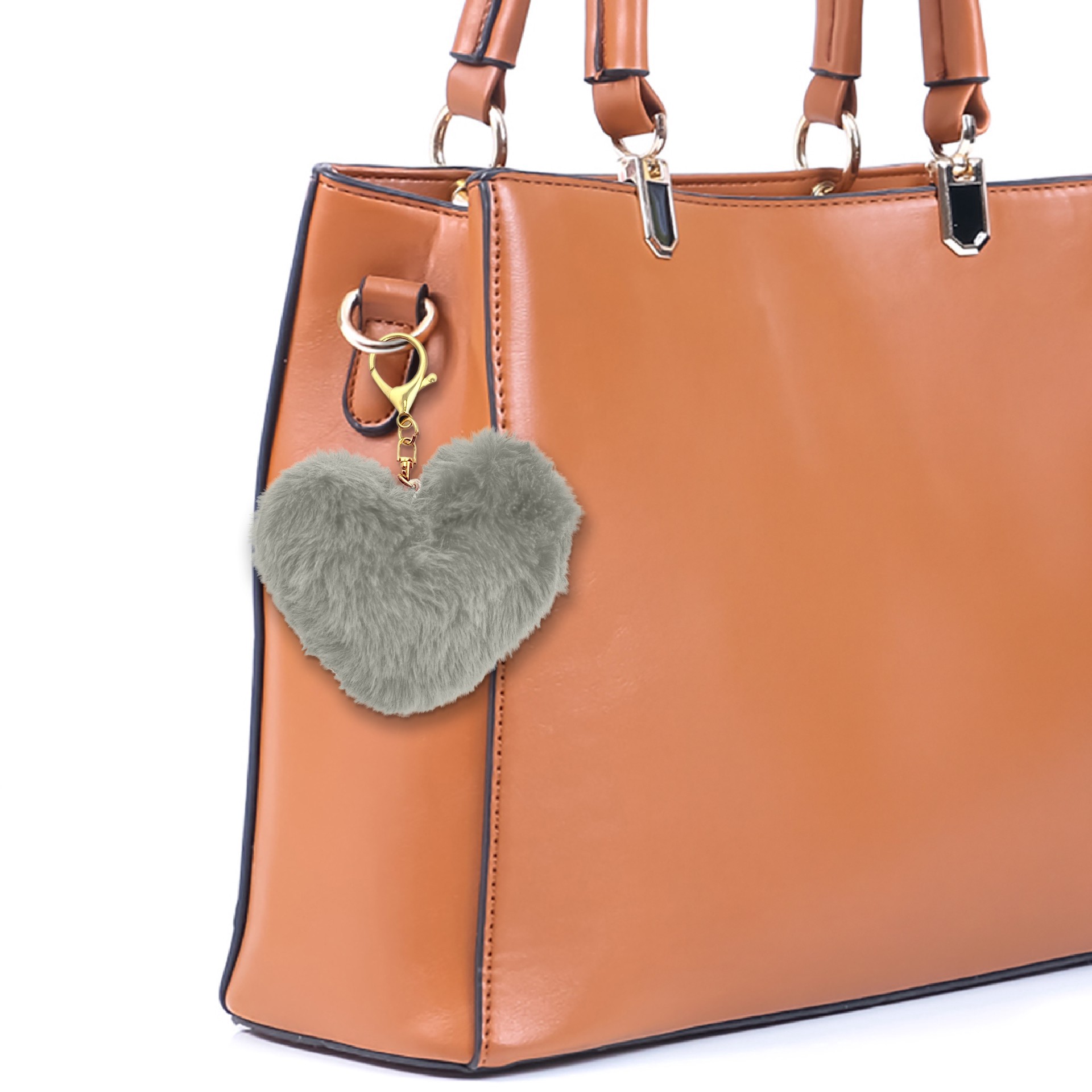 slide 3 of 3, Blue Moon Studio Gray Fuzzy Heart Bag Charm, 3.6 in x 3.2 in