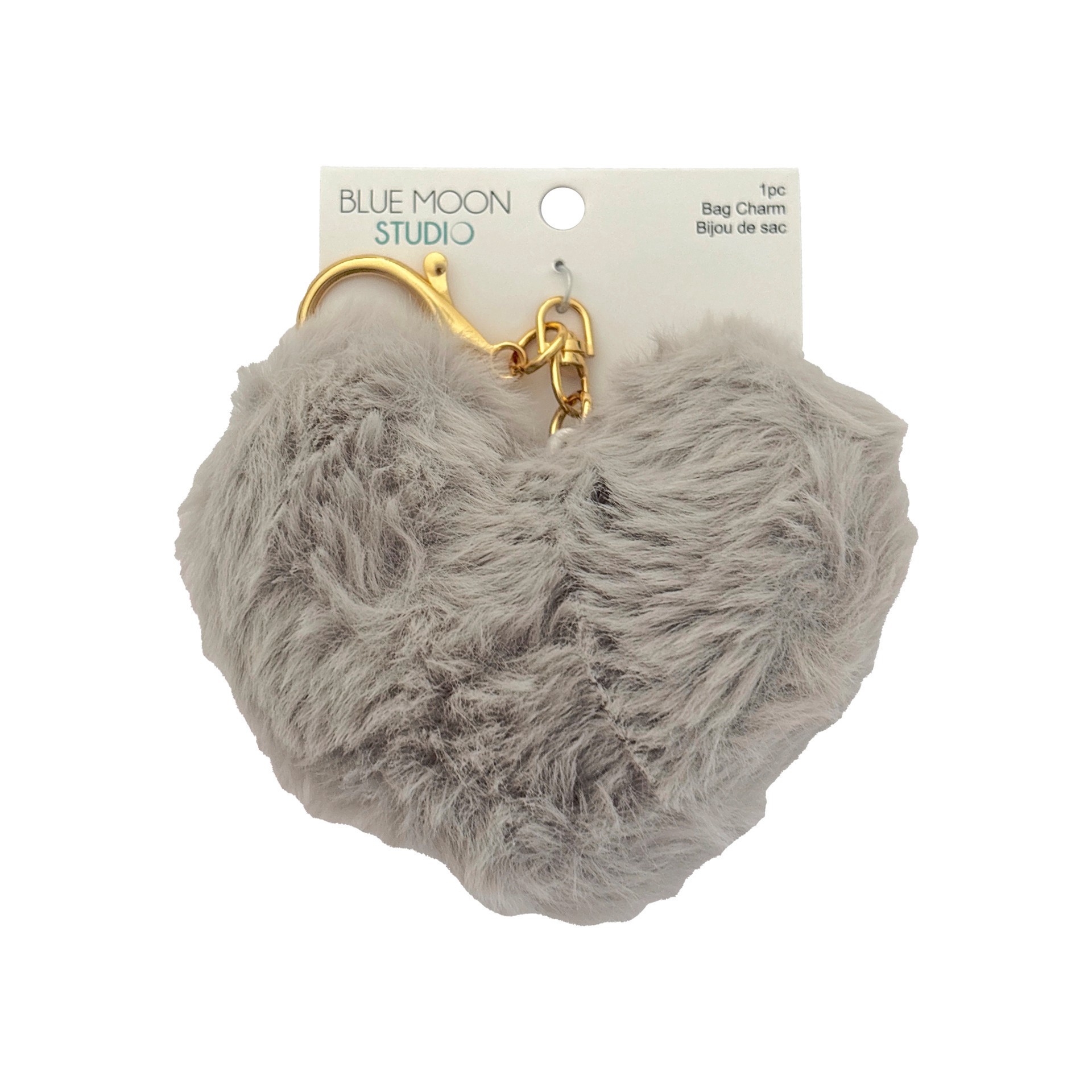slide 2 of 3, Blue Moon Studio Gray Fuzzy Heart Bag Charm, 3.6 in x 3.2 in
