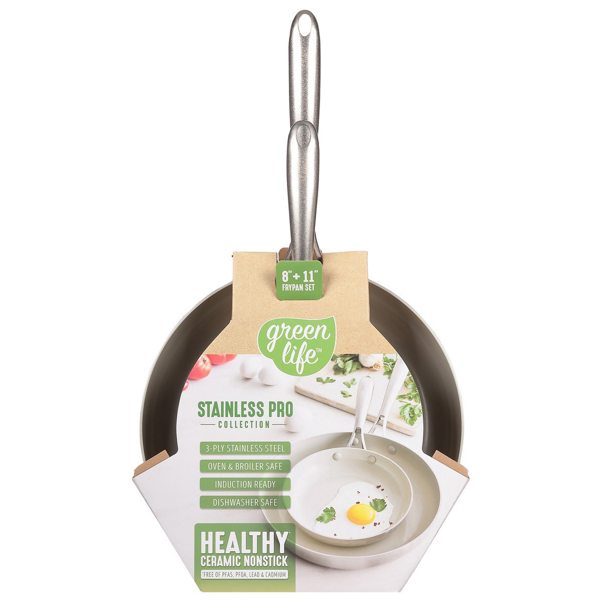 slide 10 of 12, GreenLife Stainless Pro Collection 8+11 Inch Healthy Ceramic Nonstick Frypan Set 2 Pieces, 1 ct