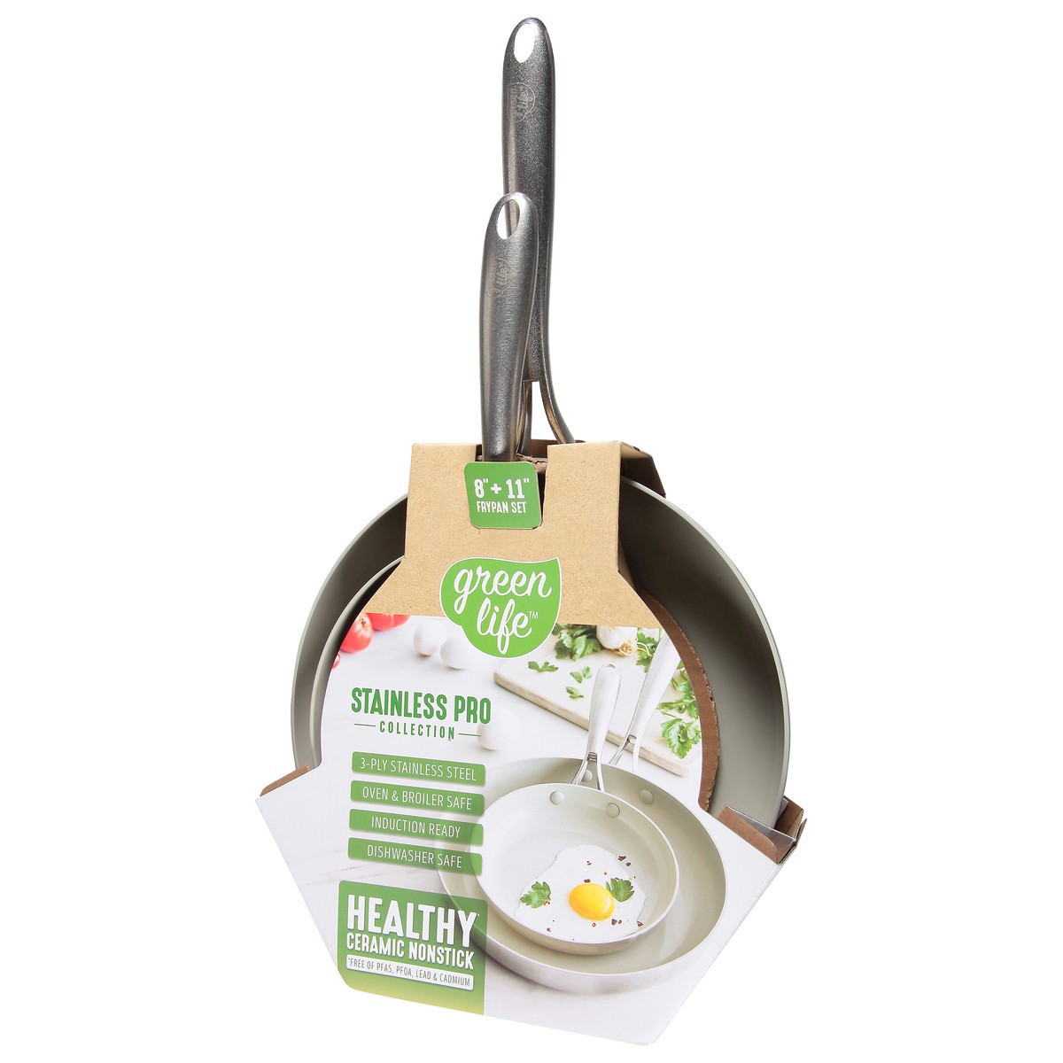 slide 12 of 12, GreenLife Stainless Pro Collection 8+11 Inch Healthy Ceramic Nonstick Frypan Set 2 Pieces, 1 ct