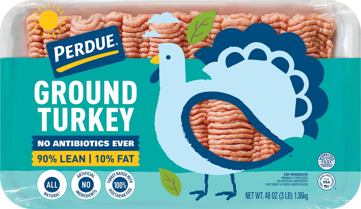 slide 4 of 6, PERDUE No Antibiotics Ever Fresh Ground Turkey, 90% Lean 10%, 3 lbs Tray, 48 oz