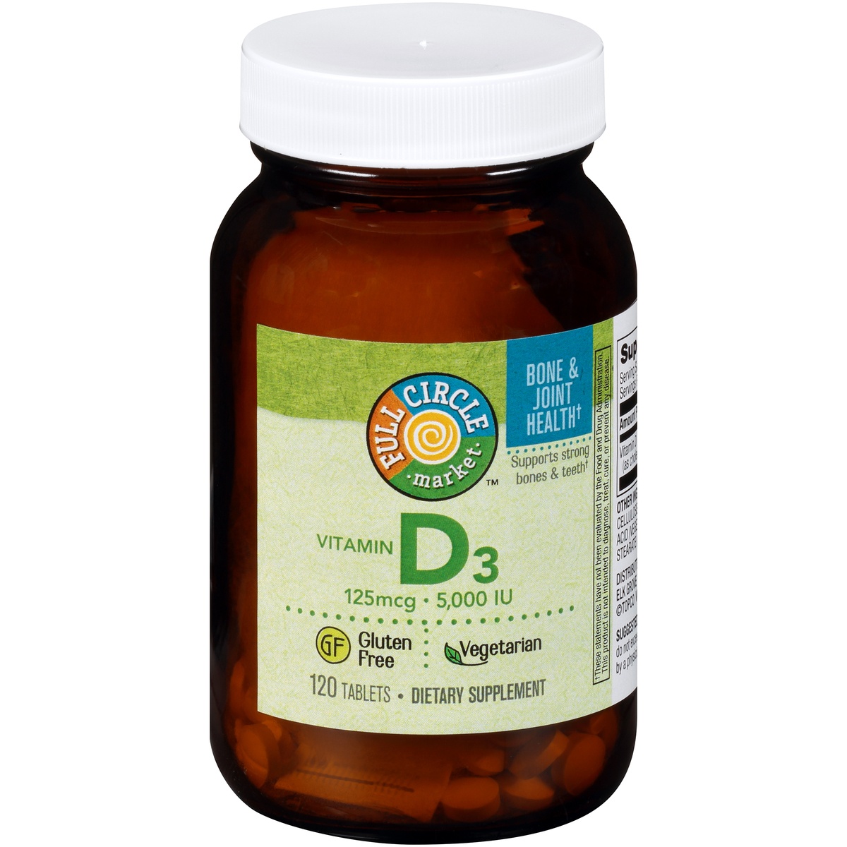 slide 1 of 1, Full Circle Market Vitamin D3 125 Mcg 5,000 Iu Supports Strong Bones & Teeth Dietary Supplement Vegetarian Tablets, 120 ct