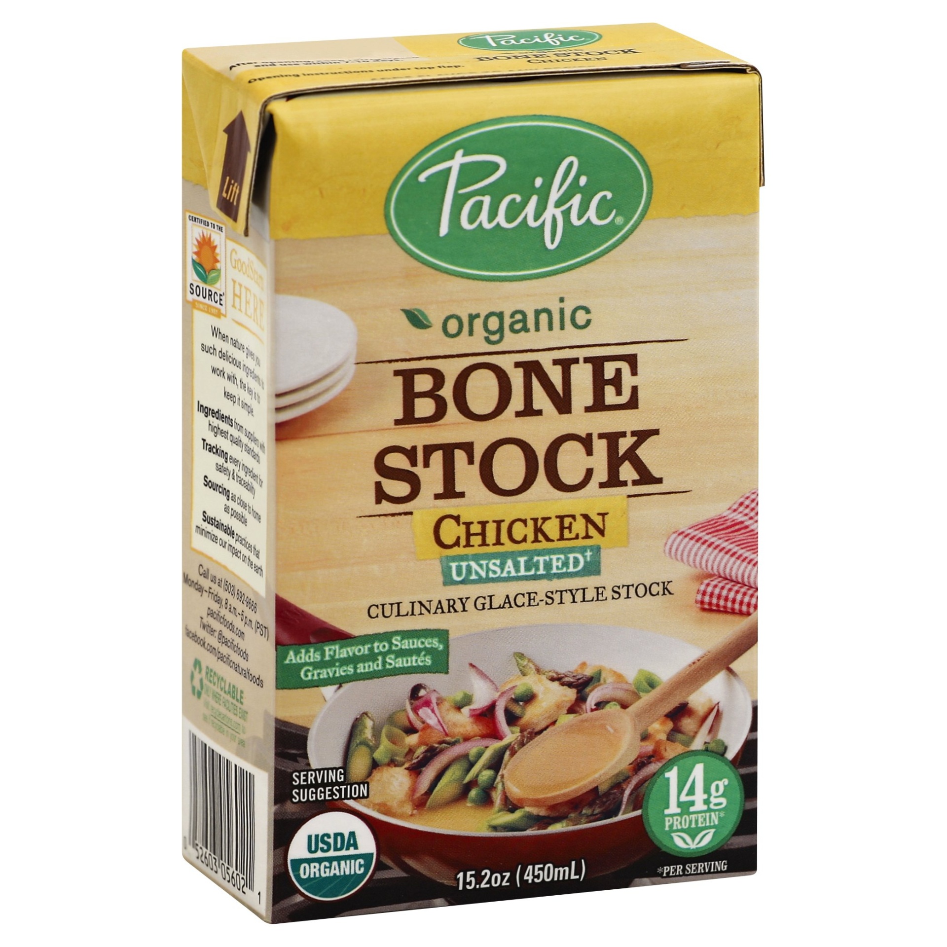 slide 1 of 4, Pacific Organic Unsalted Chicken Bone Stock, 15.2 fl oz