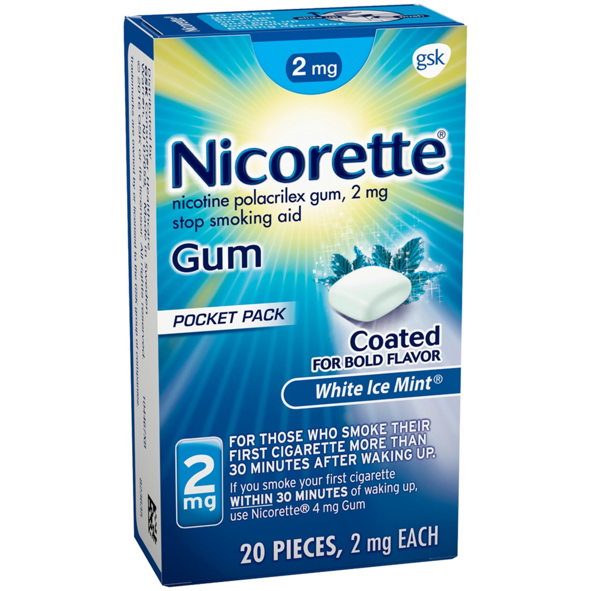 slide 4 of 9, Nicorette Nicotine Gum Stop Smoking Aid, 2 mg, White Ice Mint Flavor - 20 Count, 20 ct