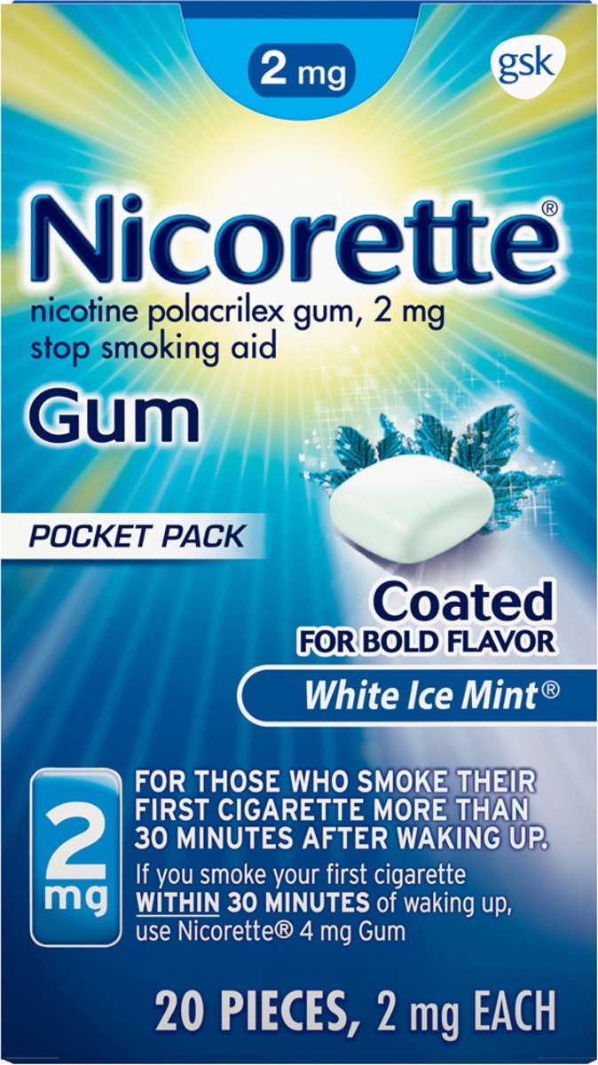 slide 8 of 9, Nicorette Nicotine Gum Stop Smoking Aid, 2 mg, White Ice Mint Flavor - 20 Count, 20 ct