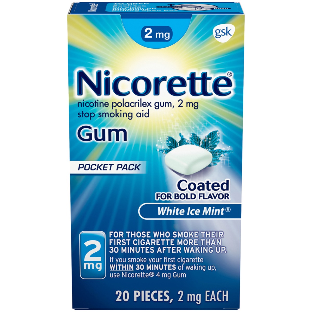 slide 1 of 9, Nicorette Nicotine Gum Stop Smoking Aid, 2 mg, White Ice Mint Flavor - 20 Count, 20 ct