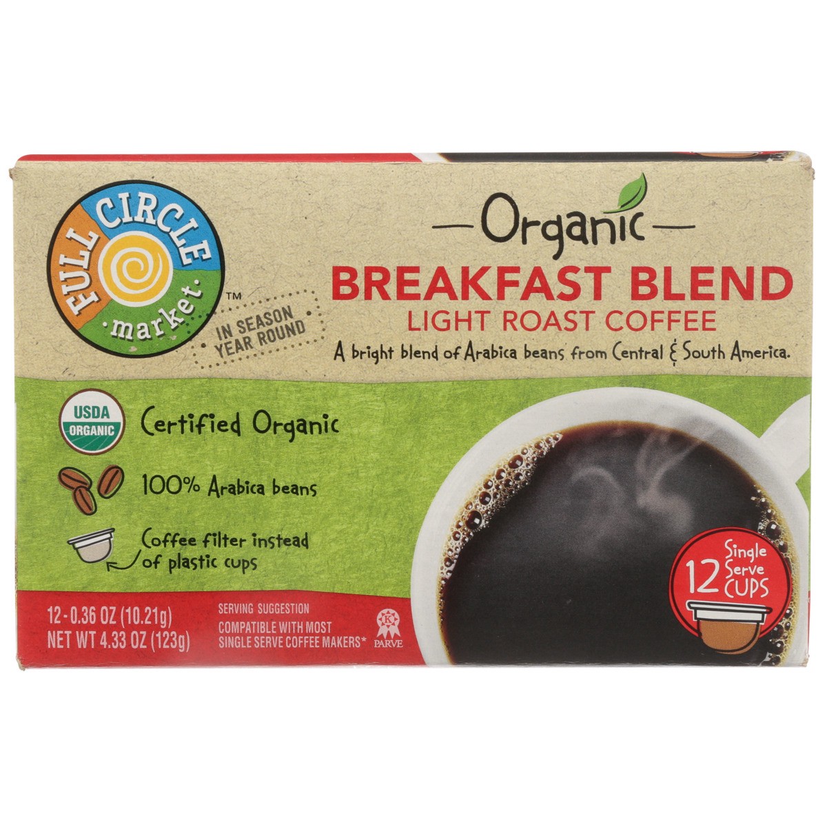 slide 8 of 8, Full Circle Market Light Roast Breakfast Blend 100% Arabica Coffee Single Serve Cups, 4.33 oz