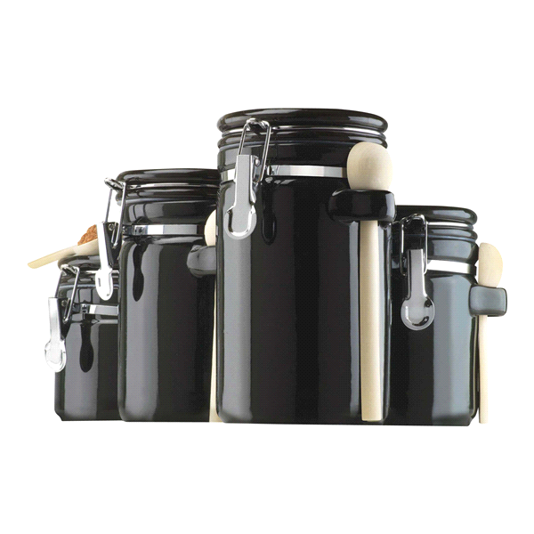 slide 1 of 1, Anchor Hocking 4-Piece Ceramic Canister Set with Wooden Spoons - Black, 1 ct