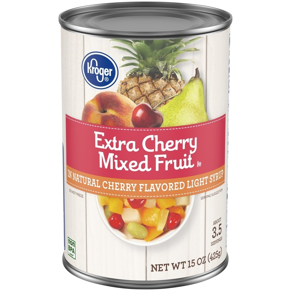 slide 1 of 1, Kroger Extra Cherry Mixed Fruit In Natural Cherry Flavored Light Syrup, 15 oz