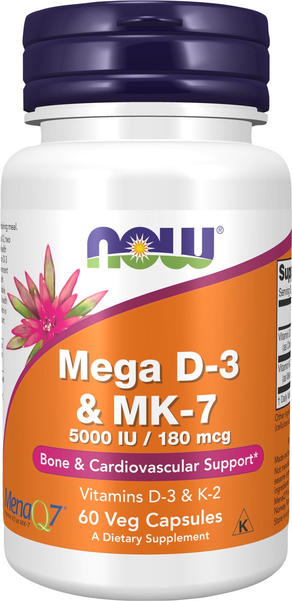 slide 2 of 4, NOW Supplements, Mega D-3 & MK-7 with Vitamins D-3 & K-2, 5,000 IU/180 mcg, Bone & Cardiovascular Support*, 60 Veg Capsules, 60 ct