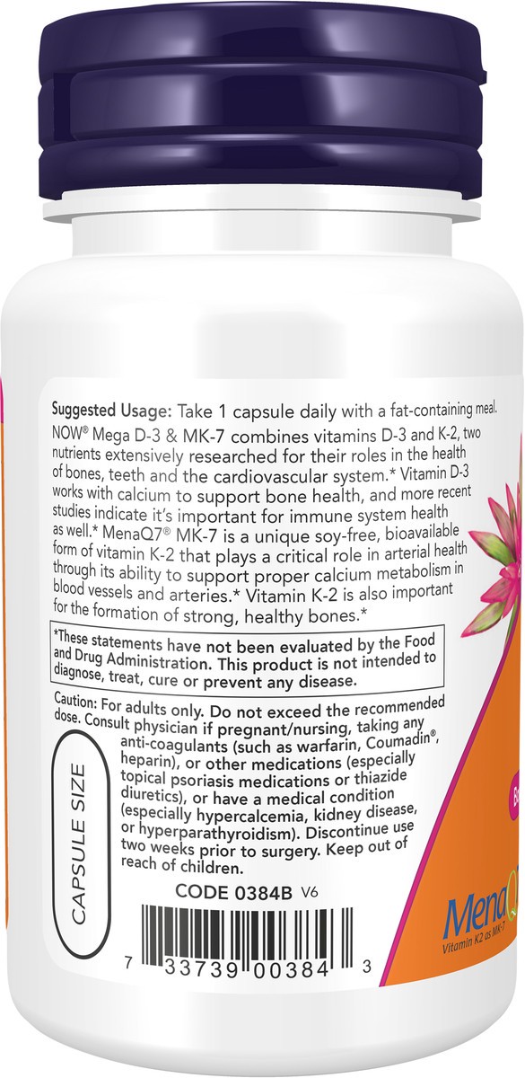 slide 4 of 4, NOW Supplements, Mega D-3 & MK-7 with Vitamins D-3 & K-2, 5,000 IU/180 mcg, Bone & Cardiovascular Support*, 60 Veg Capsules, 60 ct