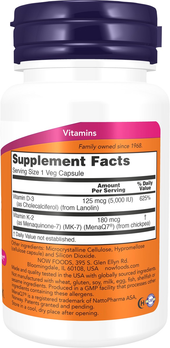 slide 3 of 4, NOW Supplements, Mega D-3 & MK-7 with Vitamins D-3 & K-2, 5,000 IU/180 mcg, Bone & Cardiovascular Support*, 60 Veg Capsules, 60 ct