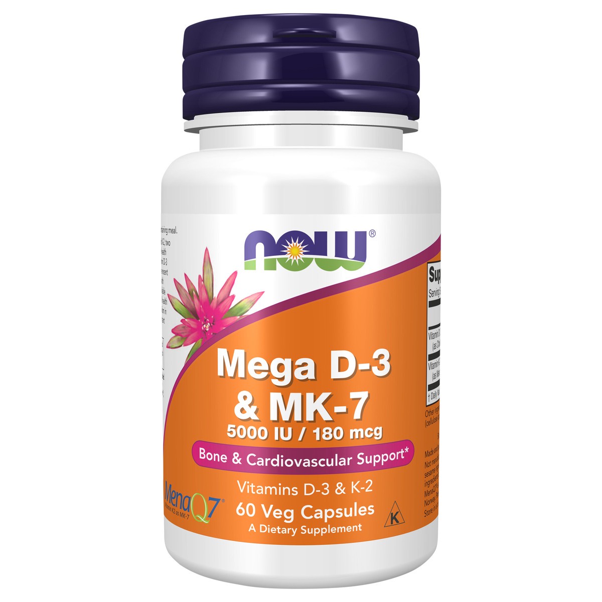 slide 1 of 4, NOW Supplements, Mega D-3 & MK-7 with Vitamins D-3 & K-2, 5,000 IU/180 mcg, Bone & Cardiovascular Support*, 60 Veg Capsules, 60 ct